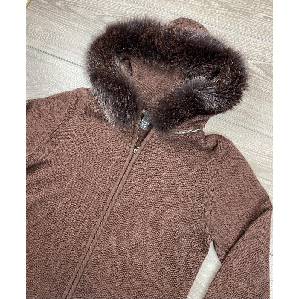 Saks Fifth Avenue Women's 100% Cashmere Blue Fox Hood Full Zip Sweater Brown LG‎